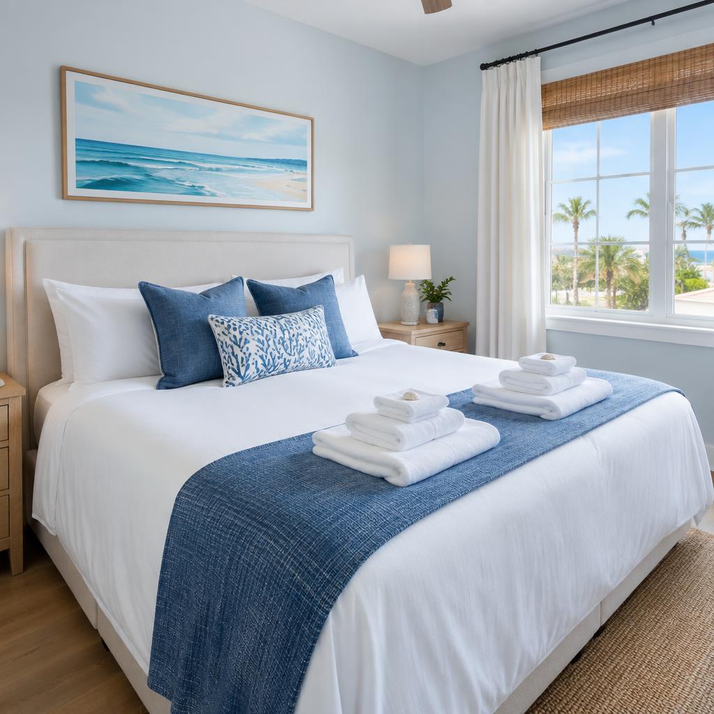 Freshly reset Airbnb bedroom with folded towels ready for guests