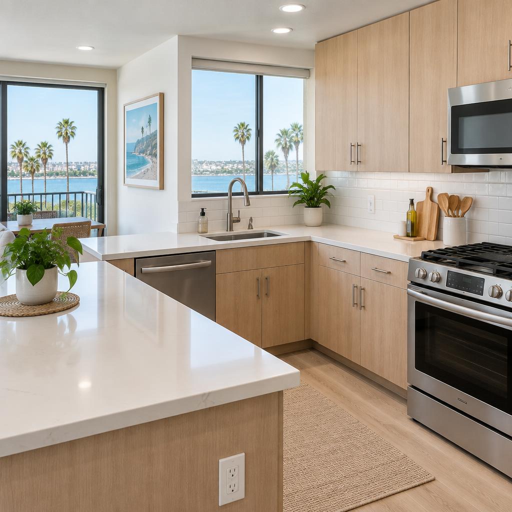 Clean, reset kitchen in a San Diego vacation rental condo